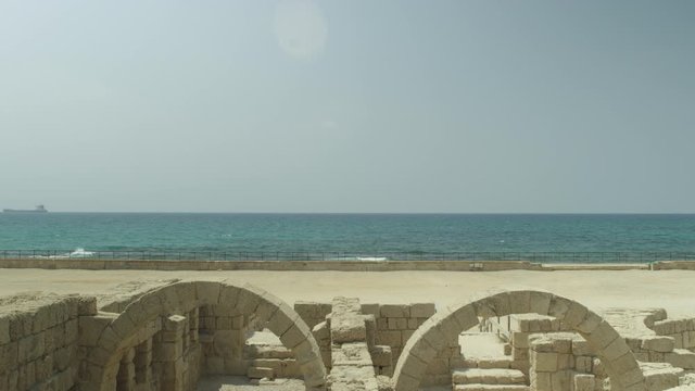 Caesarea Israel Static Shot of Arches and Mediterranean Sea