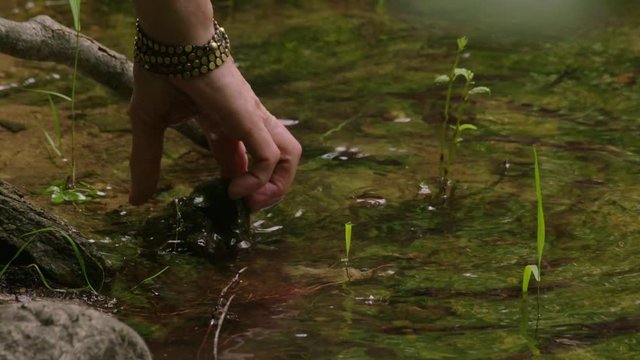 Slow-mo: Man's hand reaches into water at edge of river to pick up throwing rock