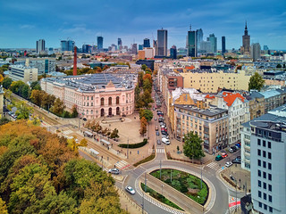 Beautiful panoramic aerial drone view to The Main Building of the Warsaw University of Technology - the historic building located on the square of the Warsaw University of Technology