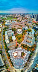 Beautiful panoramic aerial drone view to The Main Building of the Warsaw University of Technology - the historic building located on the square of the Warsaw University of Technology