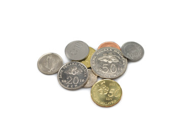 Assorted Malaysian coins, shot in macro, close up, against a pure white background