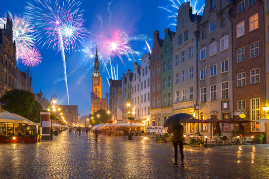 Fireworks display over the old town in Gdansk, Poland