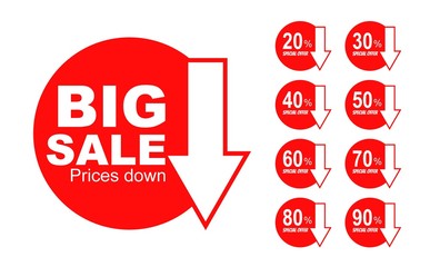 Big Sale tags with Sale up to 20 - 90 percent text on circle tags with arrow down composition.vector design