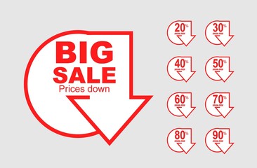 Big Sale tags with Sale up to 20 - 90 percent text on circle tags with arrow down composition.vector design