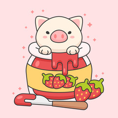 Cute pig in a strawberry jam jar