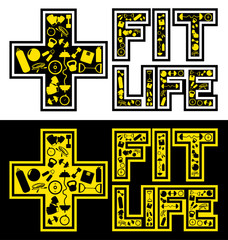 typography with some fitness element inside the letters in pattern form. "+fit+life", vector art, positive and negative