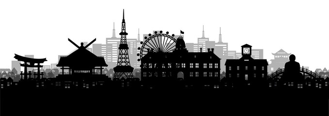 Fototapeta premium Silhouette panorama view of Sapporo city skyline with world famous landmarks of Japan in paper cut style vector illustration.