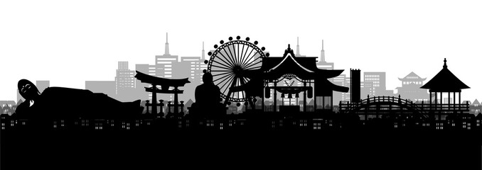 Fototapeta premium Silhouette panorama view of Fukuoka city skyline with world famous landmarks of Japan in paper cut style vector illustration.