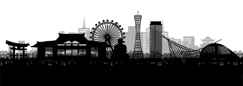 Silhouette panorama view of Kobe city skyline with world famous landmarks of Japan in paper cut style vector illustration.
