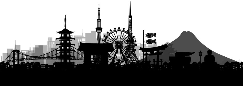 Silhouette panorama view of Tokyo city skyline with world famous landmarks of Japan in paper cut style vector illustration.
