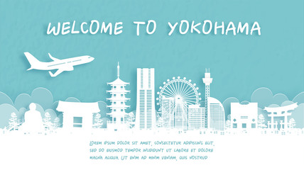 Travel poster with Welcome to Yokohama, Japan famous landmark in paper cut style vector illustration.