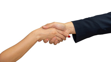 Obraz premium business background of businessman hand and businesswoman hand having handshaking together, isolated on white background