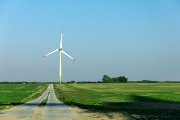 Obraz premium wind generators on a green field under a blue sky on a bright sunny day