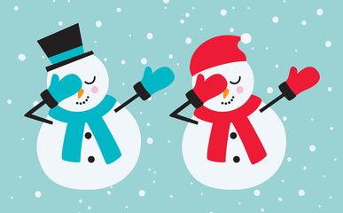 Cute dabbing snowman in winter clothes vector illustration.