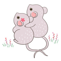 2 little mice on the back facing the camera, looking up