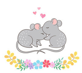 2 little mice, one kisses the other, there are flowers underneath