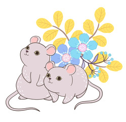 2 mice looking up, with flowers in the background