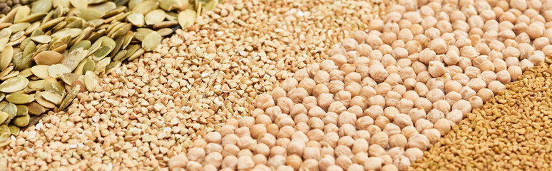 panoramic shot of pumpkin seeds, chickpea and raw buckwheat