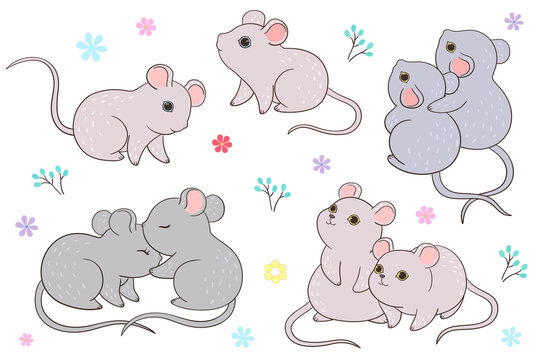 Cute little mouse's various movements, surrounded by small flowers