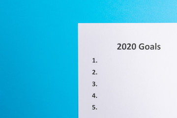 List of goals for 2020. From above. Copy space