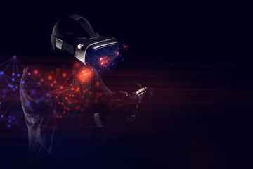 gamer boy with hand holding the vr and joystick controller electronic for playing game with online...