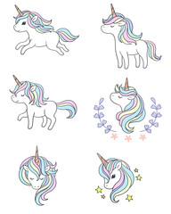 Fototapeta premium Various poses of the unicorn - head and colored hair