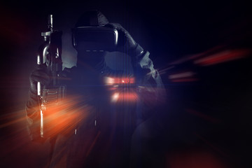 gamer boy with hand holding the vr glass controller electronic and toy gun for playing game with online network connection  technology device in esport tournament challenge concept © issaronow