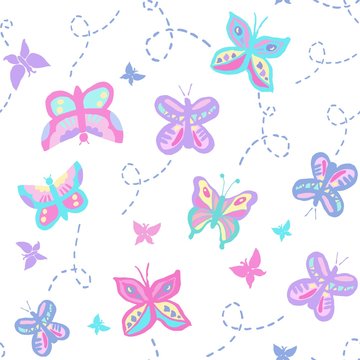 Seamless repeat pattern with buzzing flying butterflies in pastel pink and purple colors