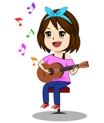 Obraz na płótnie Canvas Vector illustration Of cute girls playing guitar And with the note floating above And with a white background