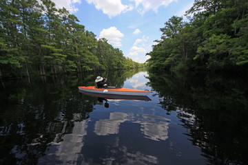 Female kayaker on Fisheating Creek, Florida on calm early summer afternoon amidst clouds and Cypress Trees reflected on creek.
