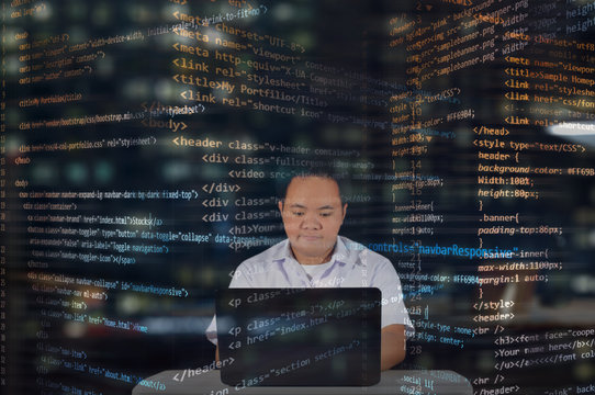 A focused IT student writing codes for building websites and a burst of codes surrounding the web designer. Focus and concentrated man with a little enthusiasm in his job. Working at midnight. 