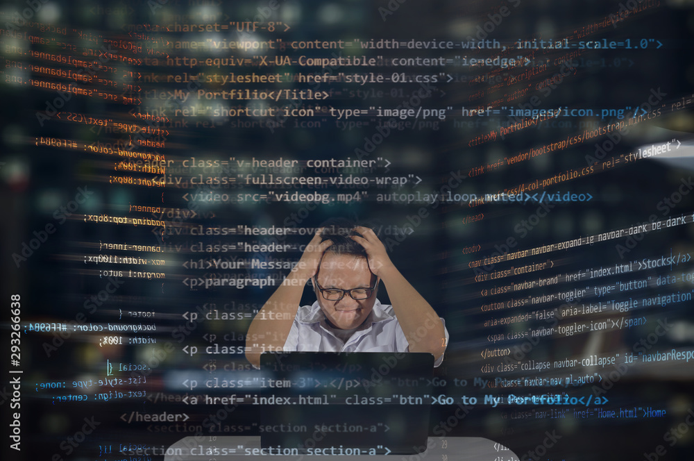 Wall mural an angry and tired web designer giving an angry emotion and body gestures while working in front of 
