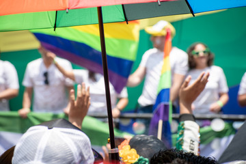 Gay people in the pride parade enjoying and having a good time.
