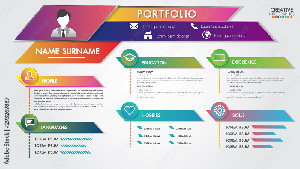 Poster portfolio resume infographics profile present template modern design with icons user interface kit f