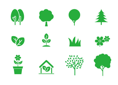 Set of tree and plat vector illustration with green color suitable for icon 
