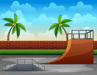 Cartoon of skatepark with brick wall - obrazy, fototapety, plakaty