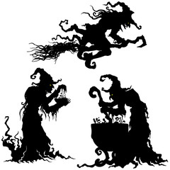 Halloween witches set/ Illustration fantasy grotesque witch women silhouettes
