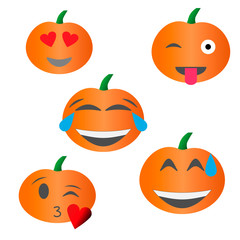 Five Halloween pumpkin Emoji heart eyes, winking face with tongue out, laughing face, kissing face, sweat