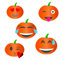 Five Halloween pumpkin Emoji heart eyes, winking face with tongue out, laughing face, kissing face, sweat