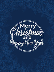 Vertical christmas banner template with hand draw line art illustration of ilex or mistletoe with white round banner and text merry christmas and happy new year.