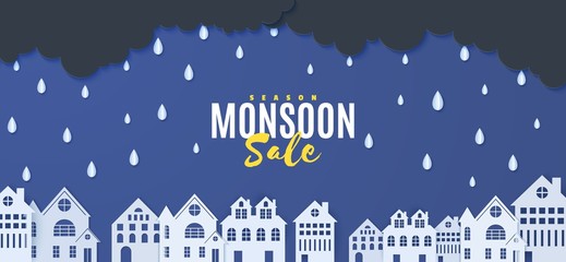 Rain and clouds over houses in the paper cut style. Vector clouds and rain in blue night sky background and city buildings. Storm papercut monsoon sale horizontal banner.