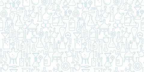 Chemistry seamless pattern background. Science education. Medical tests. Laboratory research. Outline contour blue light line.