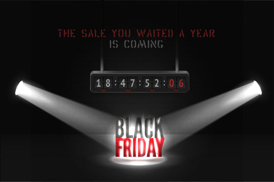Black friday countdown vector banner template. Creative mega sale advert with counting time to start flip board. Realistic limelight beams illuminating discount offer, trendy poster design layout