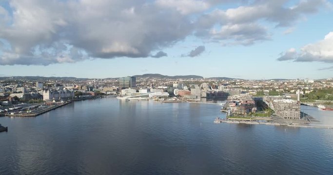 Cinema 4K drone shot with parallax motion of the new Bj&oslash;rvika district, with the Lambda Munch Museum, Opera House and S&oslash;renga in a sunset in autumn fall, in Oslo Norway.