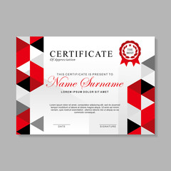 Modern certificate template design with red, black and white color. 