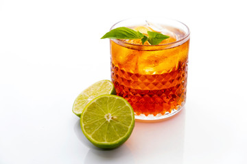 Iced Thai lemon tea on a white background