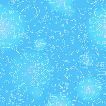 Seamless pattern with sea creatures, funny contour cartoon animals ,white outline on blue background