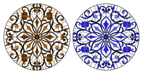 Set of illustrations in stained glass style with round floral arrangements, blue and brown