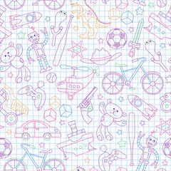 Seamless pattern on the theme of childhood and toys, toys for boys, colored outlines icons on contour  icons on the clean writing-book sheet in a cage