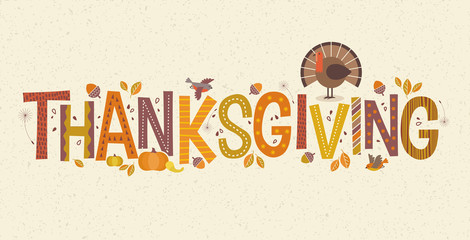 Decorative lettering Thanksgiving with seasonal design elements and turkey. For banners, cards, posters and invitations. - 293273614
